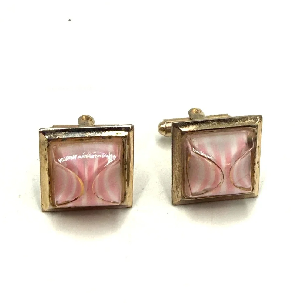 Vintage Gold Tone Square Pink White Striped Glass Geometric Cufflinks